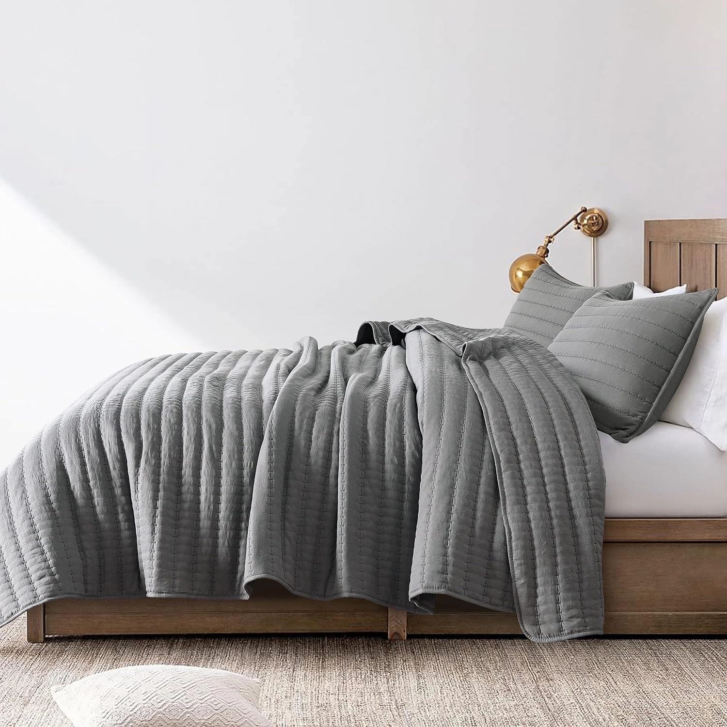 ROARINGWILD Dark Grey Queen Size Quilt Bedding Sets with Pillow Shams, Full Lightweight Soft Bedspread Coverlet, Quilted Blanket Thin Comforter Bed Cover for All Season, 3 Pieces, 90x90 inches