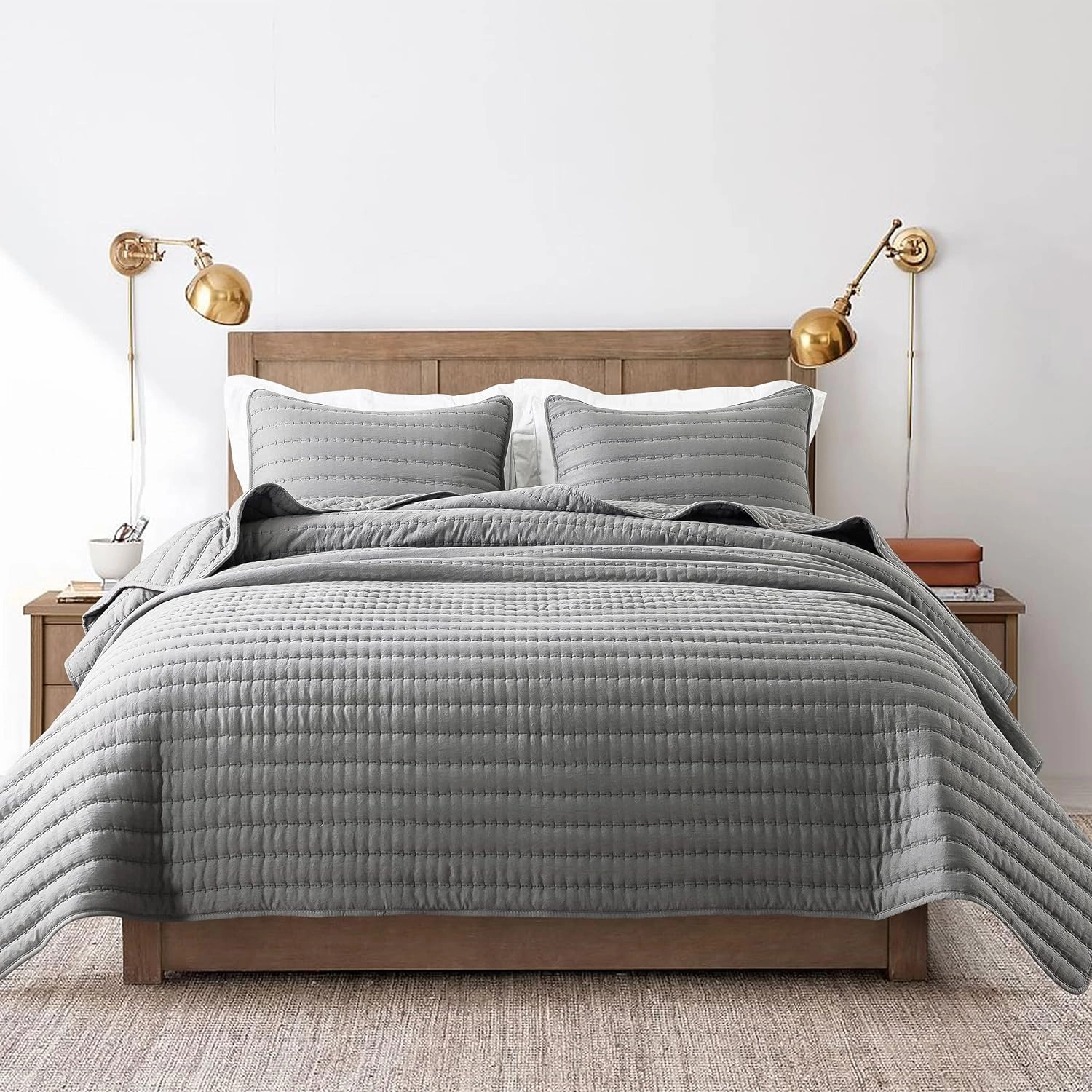 ROARINGWILD Dark Grey Queen Size Quilt Bedding Sets with Pillow Shams, Full Lightweight Soft Bedspread Coverlet, Quilted Blanket Thin Comforter Bed Cover for All Season, 3 Pieces, 90x90 inches