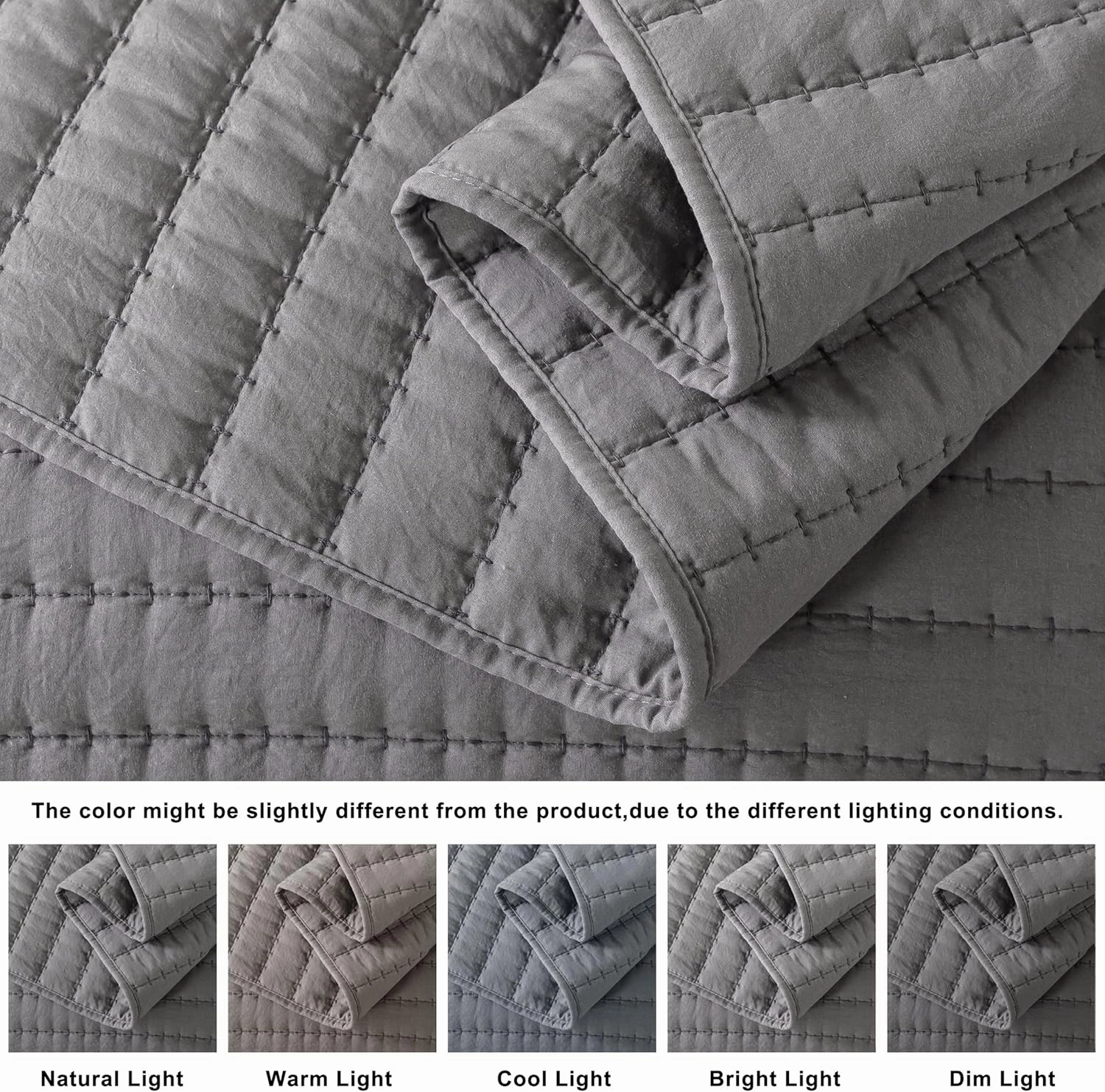 ROARINGWILD Dark Grey Queen Size Quilt Bedding Sets with Pillow Shams, Full Lightweight Soft Bedspread Coverlet, Quilted Blanket Thin Comforter Bed Cover for All Season, 3 Pieces, 90x90 inches