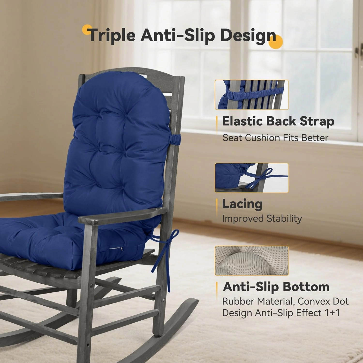 ROFIELTY UV Resistant Indoor/Outdoor Chair Cushion - Waterproof Rocking & Adirondack Seat Pad with Elastic Back   2 Anti-Slip Ties, Fade-Proof Design (Blue)