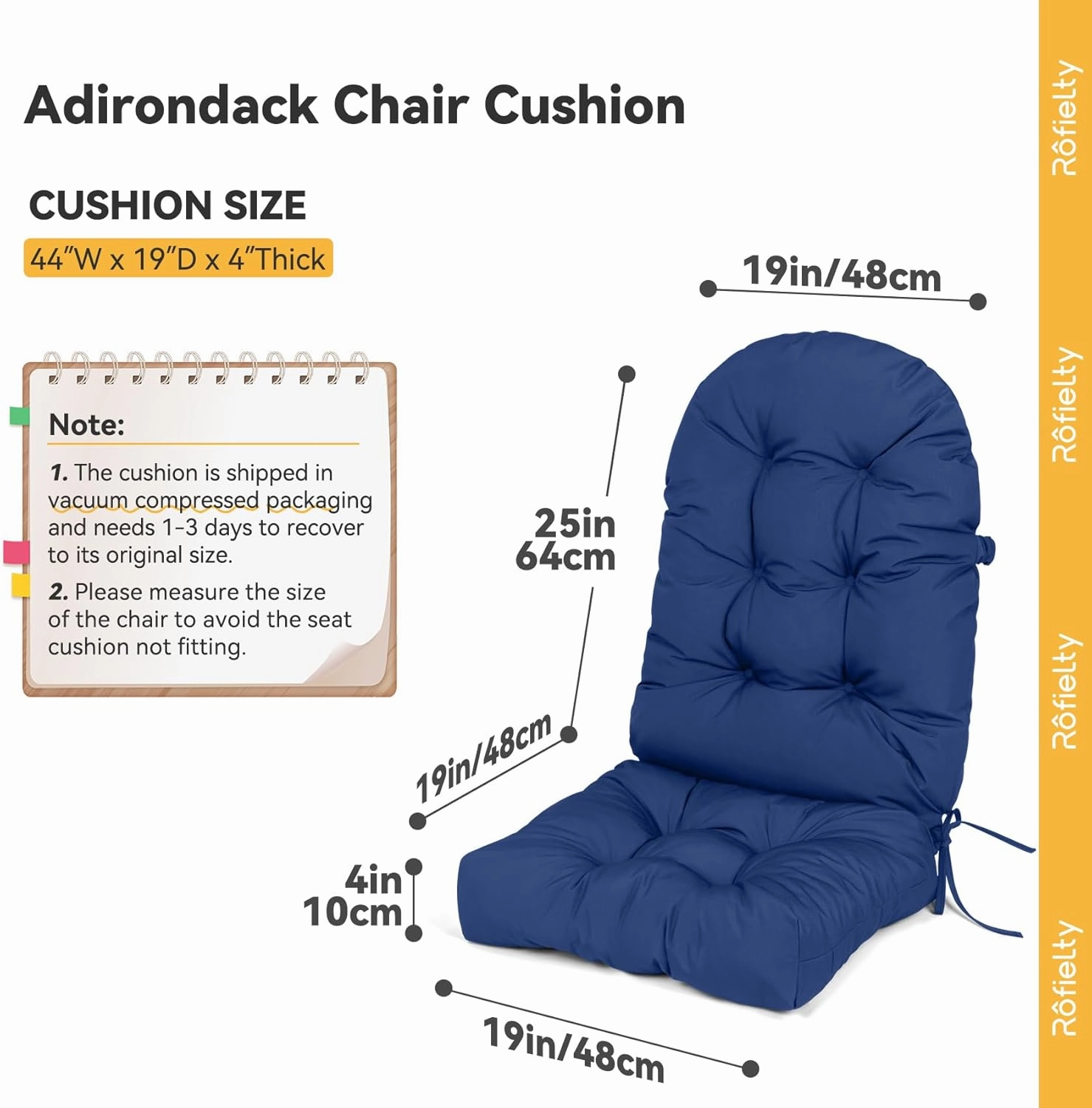 ROFIELTY UV Resistant Indoor/Outdoor Chair Cushion - Waterproof Rocking & Adirondack Seat Pad with Elastic Back   2 Anti-Slip Ties, Fade-Proof Design (Blue)