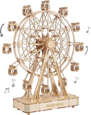 Rolife 3D Wooden Puzzle Hand Crank Music Box Machinarium Toys-DIY Wood Craft Kit-Creative Gift for Boys Girls Adults Kids When Christmas/Birthday (Ferris Wheel Wood Color)