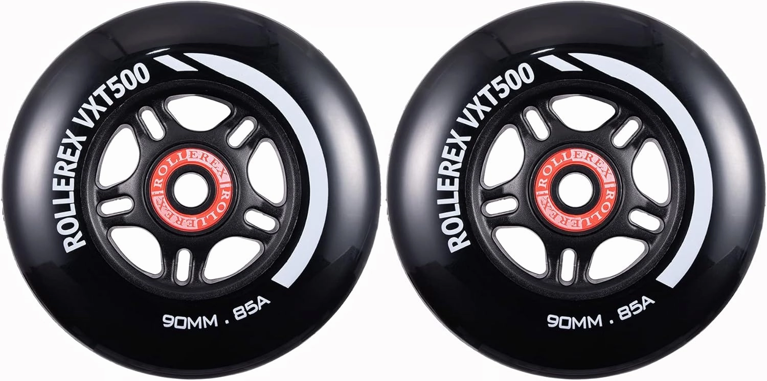 Rollerex VXT100 85A Kids Inline Skate Wheels (2 wheels w/bearings, spacers and washers) (Steel Black) (Size Options) Use on Roller Blades, RipStiks (90mm)
