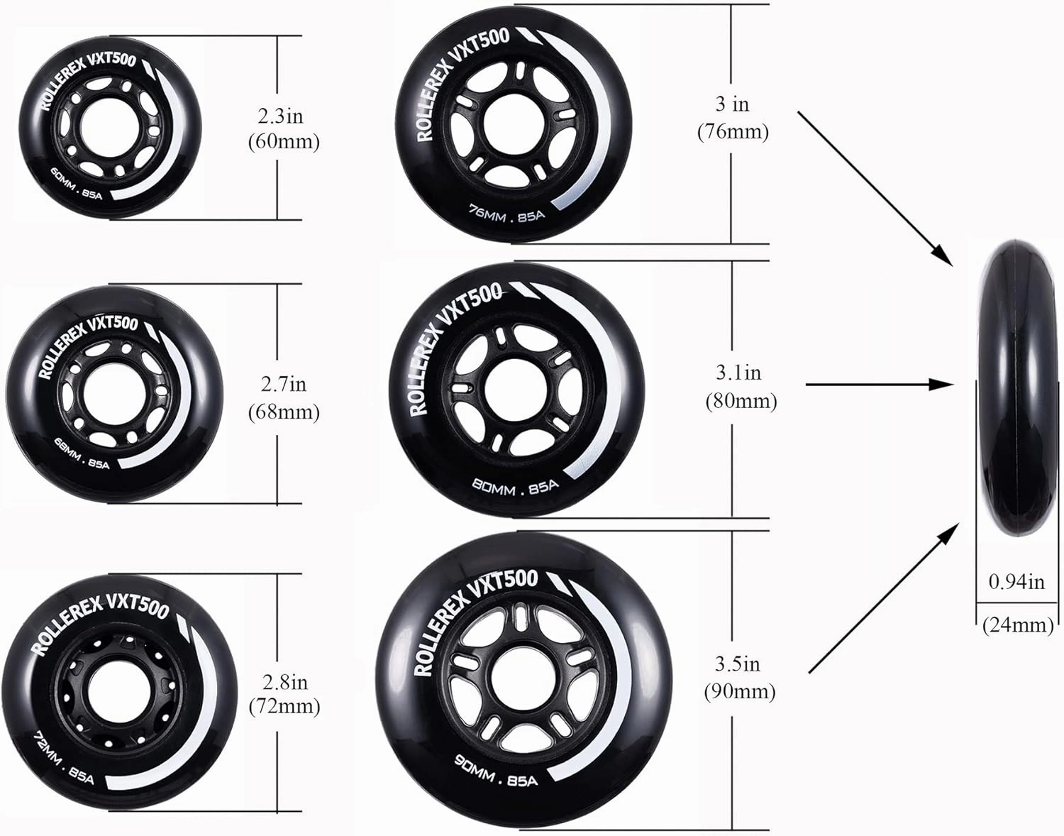 Rollerex VXT100 85A Kids Inline Skate Wheels (2 wheels w/bearings, spacers and washers) (Steel Black) (Size Options) Use on Roller Blades, RipStiks (90mm)
