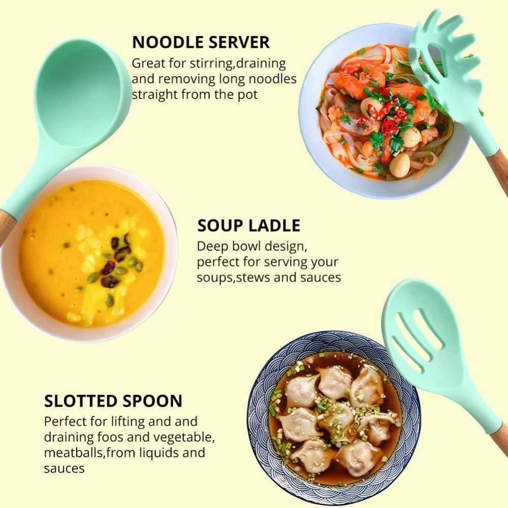 Rynx | Silicone Cooking Utensils Kitchen Utensil Set - 9&11 Natural Wood-Silicone Cooking Utensils - Kitchen Gadgets