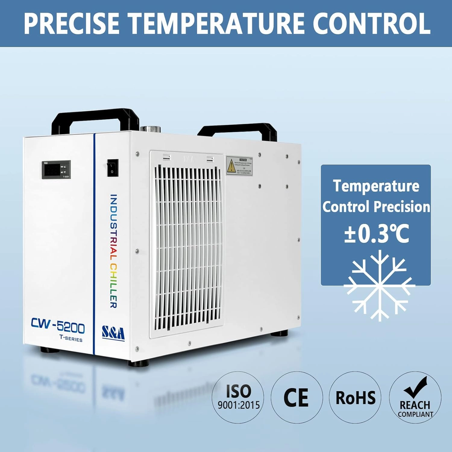 S&A 7L Industrial Water Chiller CW-5200DH 0.9HP 3.43gpm Water Cooling System for 60W 70W 80W 90W 100W 120W 130W 150W CO2 Laser Engraving & Cutting Machines, Cools 5699 BTU/Hour