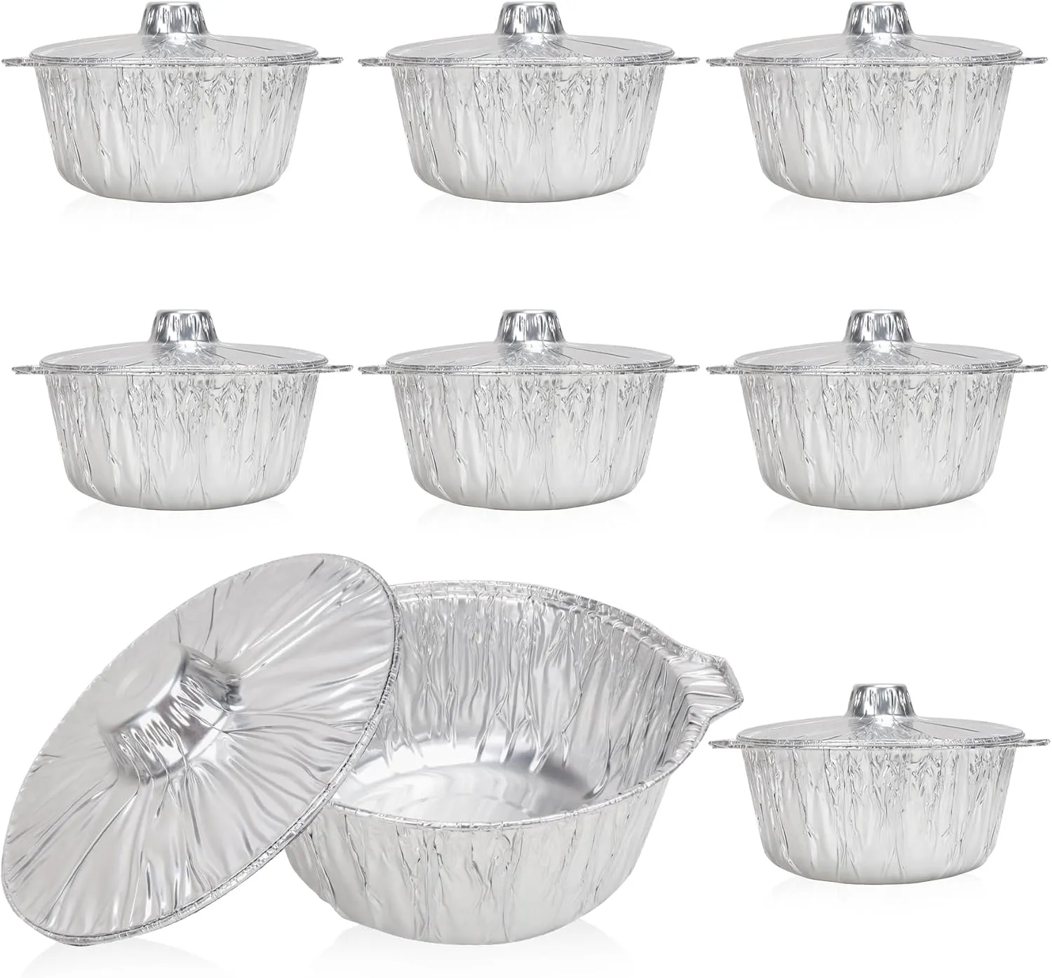 SafBbcue Disposable Aluminum Pots with Lids-5 Quart (5.4 Liter) 8pcs Set,Disposable Heat Locking Cooking Containers-Freezer Air Fryer and Oven Safe-Recyclable Pot for Camping Vacation Trips,Silver