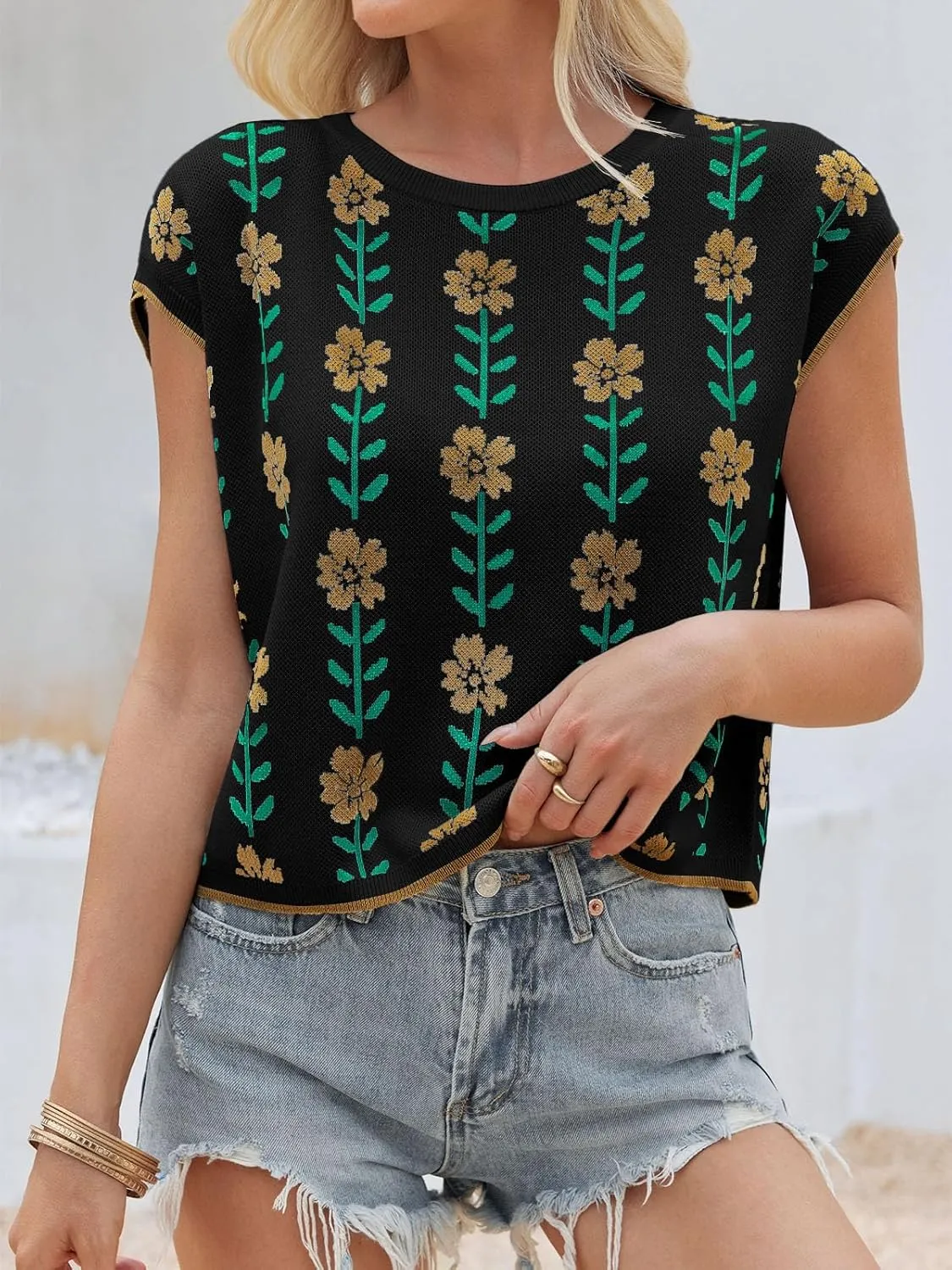 Saodimallsu Womens Cap Sleeve Crop Tops Summer Color Block Going Out Crew Neck Knit Trendy Casual Sweater