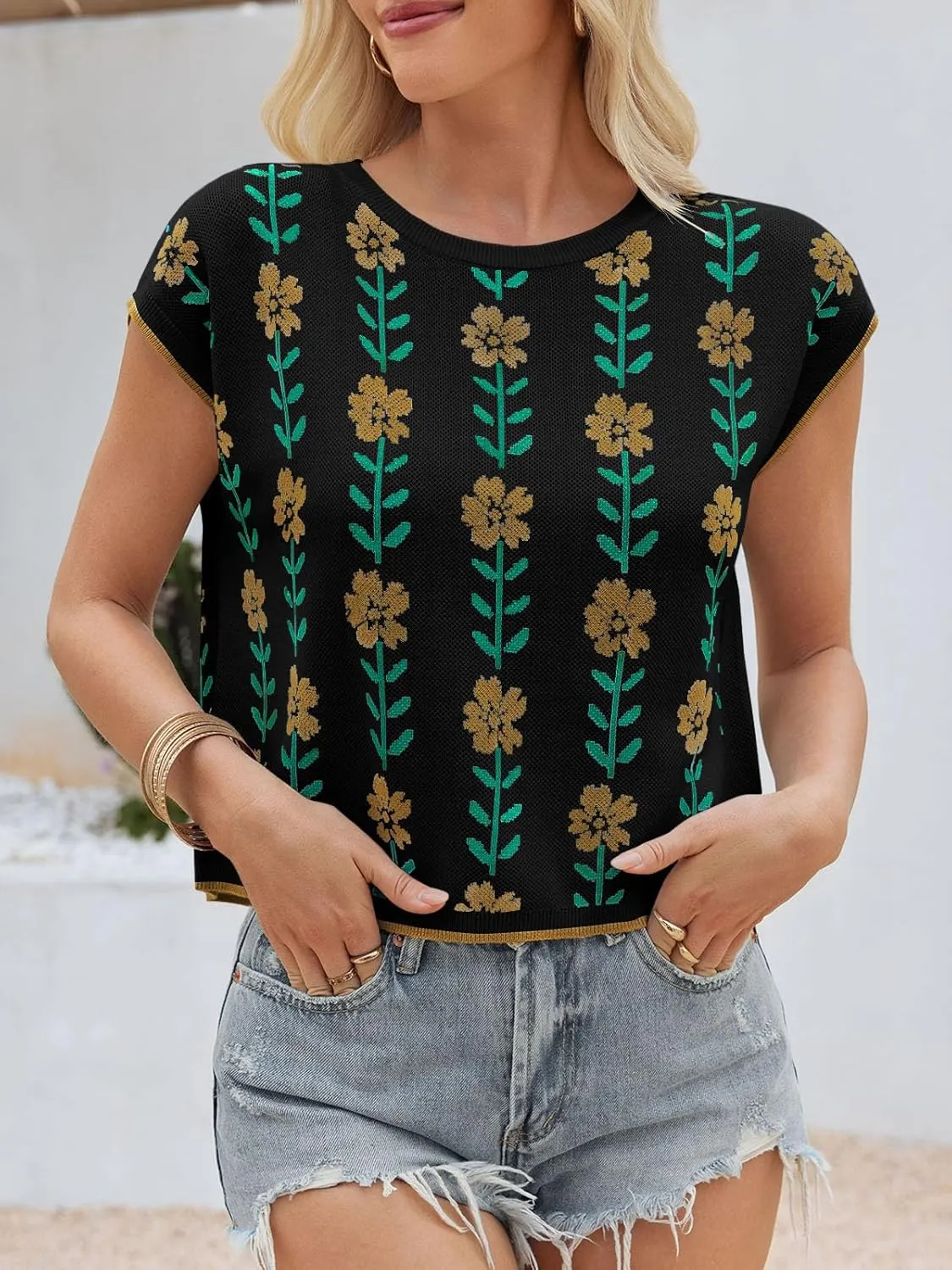 Saodimallsu Womens Cap Sleeve Crop Tops Summer Color Block Going Out Crew Neck Knit Trendy Casual Sweater