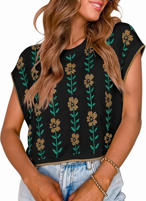 Saodimallsu Womens Cap Sleeve Crop Tops Summer Color Block Going Out Crew Neck Knit Trendy Casual Sweater