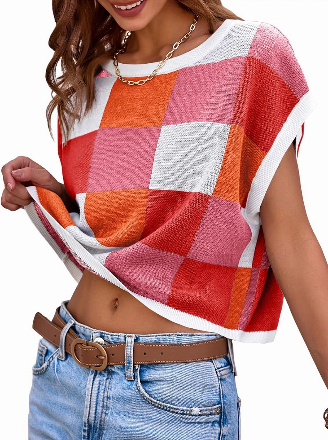 Saodimallsu Womens Cap Sleeve Crop Tops Summer Color Block Going Out Crew Neck Knit Trendy Casual Sweater
