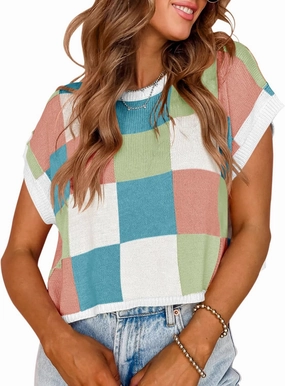 Saodimallsu Womens Cap Sleeve Crop Tops Summer Color Block Going Out Crew Neck Knit Trendy Casual Sweater