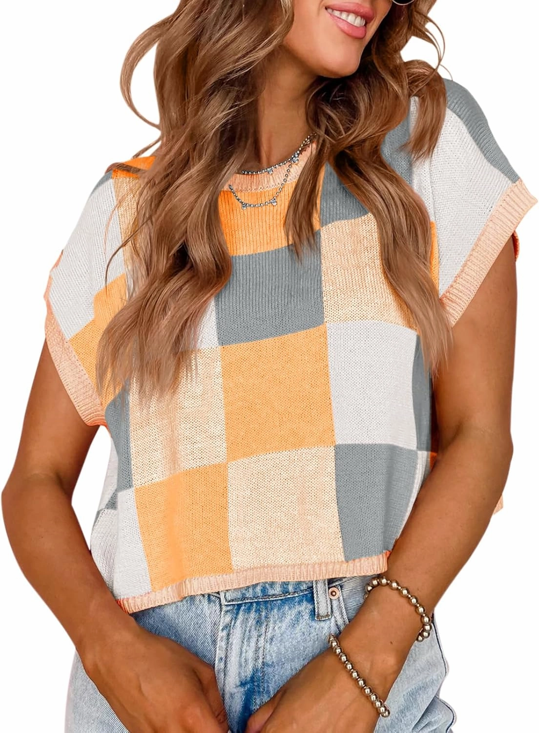 Saodimallsu Womens Cap Sleeve Crop Tops Summer Color Block Going Out Crew Neck Knit Trendy Casual Sweater