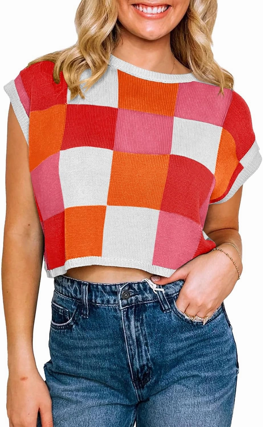Saodimallsu Womens Cap Sleeve Crop Tops Summer Color Block Going Out Crew Neck Knit Trendy Casual Sweater