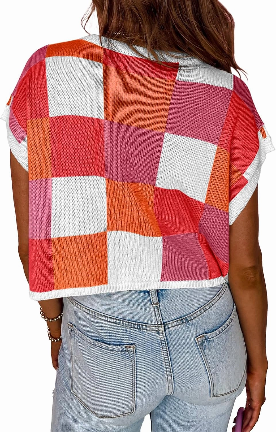 Saodimallsu Womens Cap Sleeve Crop Tops Summer Color Block Going Out Crew Neck Knit Trendy Casual Sweater