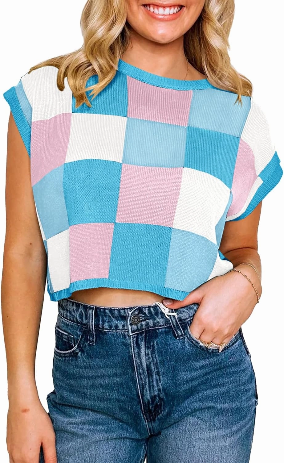 Saodimallsu Womens Cap Sleeve Crop Tops Summer Color Block Going Out Crew Neck Knit Trendy Casual Sweater