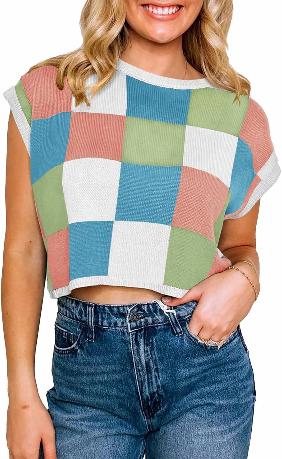 Saodimallsu Womens Cap Sleeve Crop Tops Summer Color Block Going Out Crew Neck Knit Trendy Casual Sweater