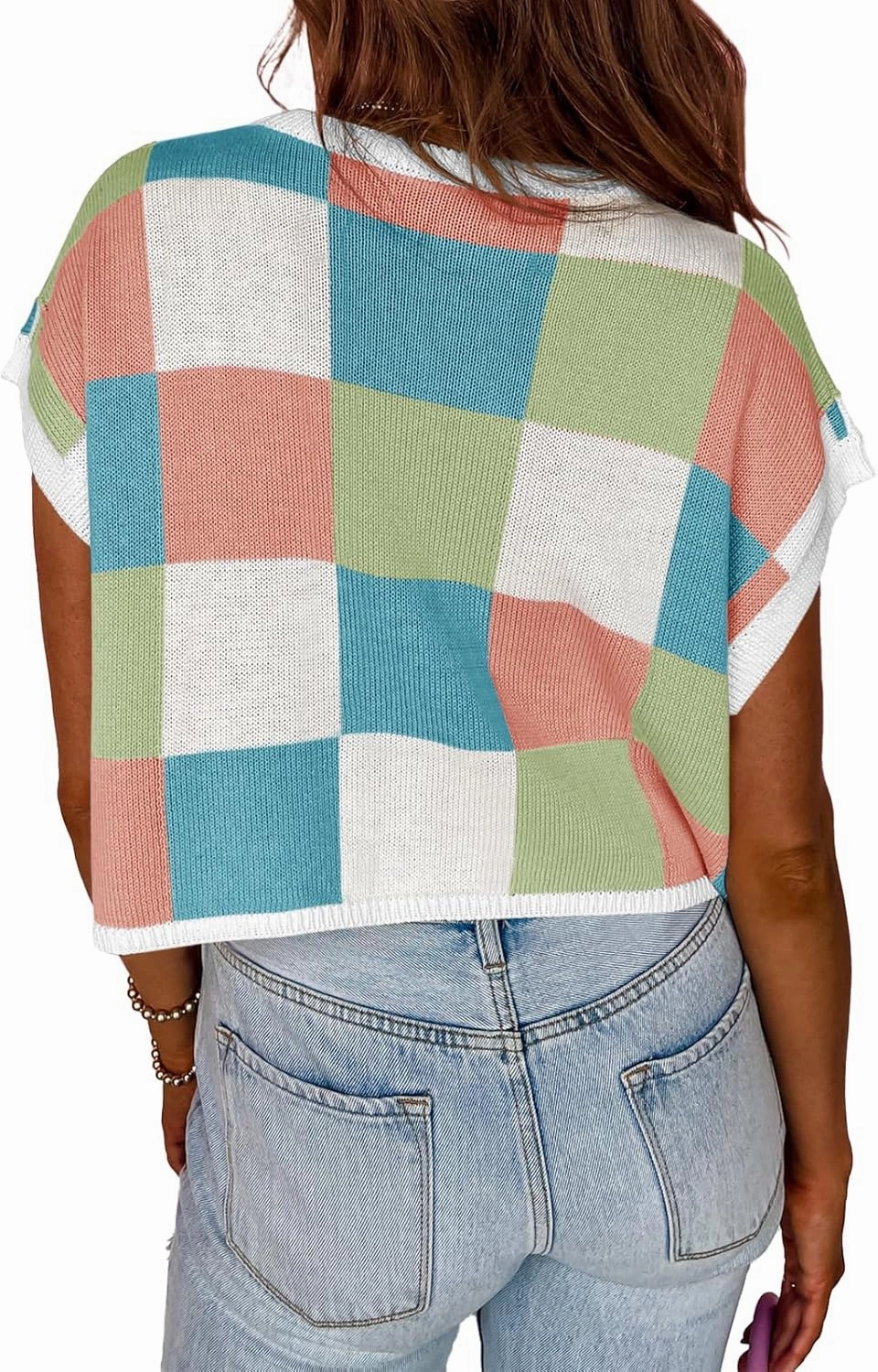 Saodimallsu Womens Cap Sleeve Crop Tops Summer Color Block Going Out Crew Neck Knit Trendy Casual Sweater