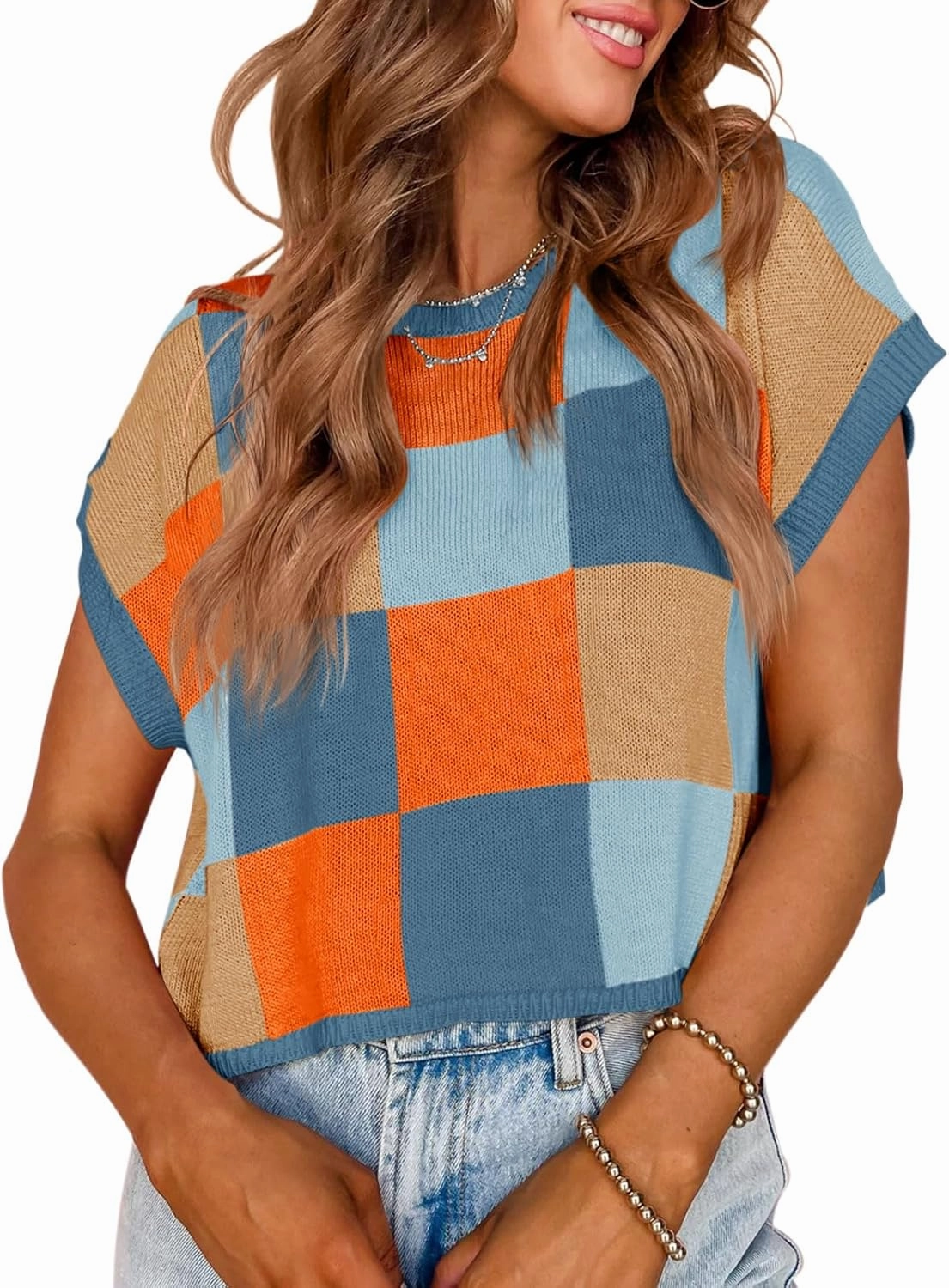 Saodimallsu Womens Cap Sleeve Crop Tops Summer Color Block Going Out Crew Neck Knit Trendy Casual Sweater