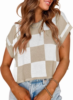 Saodimallsu Womens Cap Sleeve Crop Tops Summer Color Block Going Out Crew Neck Knit Trendy Casual Sweater
