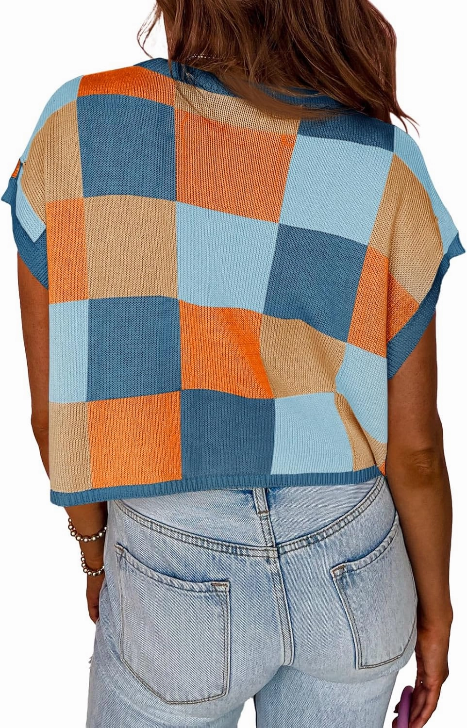 Saodimallsu Womens Cap Sleeve Crop Tops Summer Color Block Going Out Crew Neck Knit Trendy Casual Sweater
