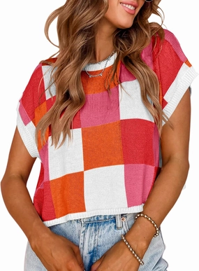 Saodimallsu Womens Cap Sleeve Crop Tops Summer Color Block Going Out Crew Neck Knit Trendy Casual Sweater