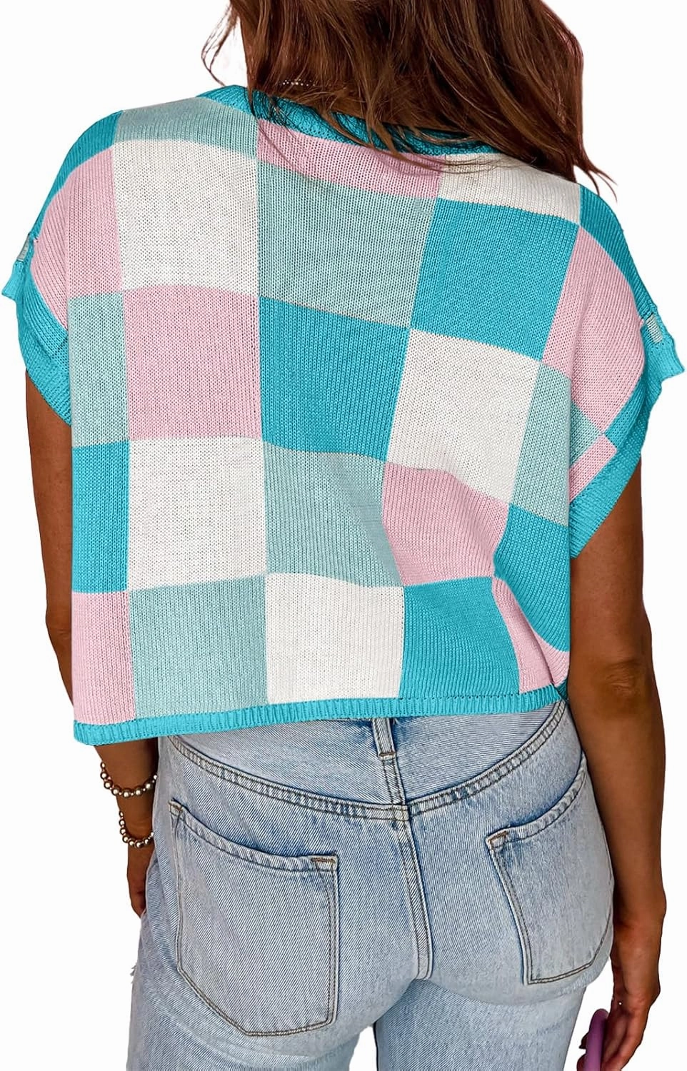 Saodimallsu Womens Cap Sleeve Crop Tops Summer Color Block Going Out Crew Neck Knit Trendy Casual Sweater