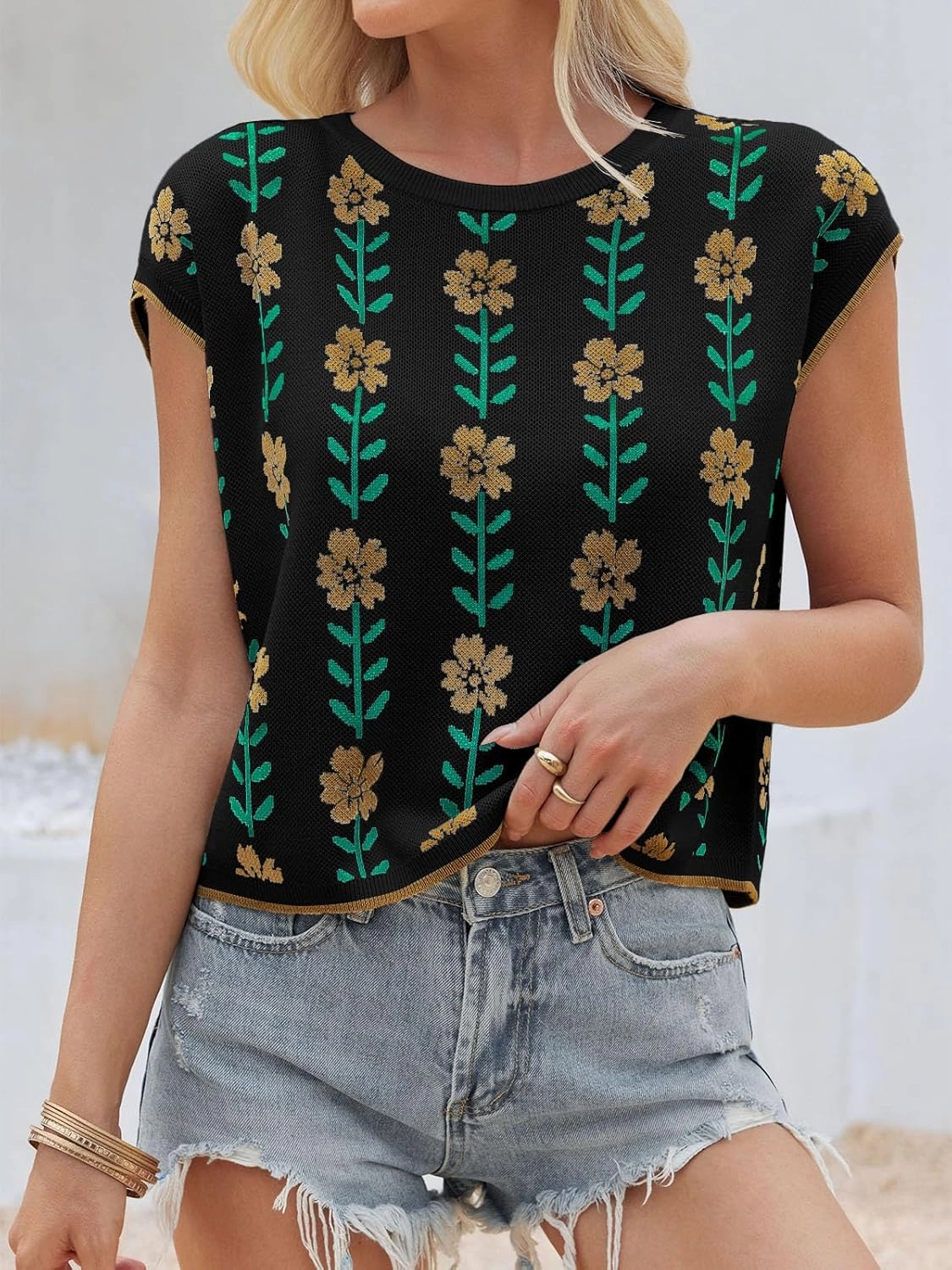Saodimallsu Womens Cap Sleeve Crop Tops Summer Color Block Going Out Crew Neck Knit Trendy Casual Sweater