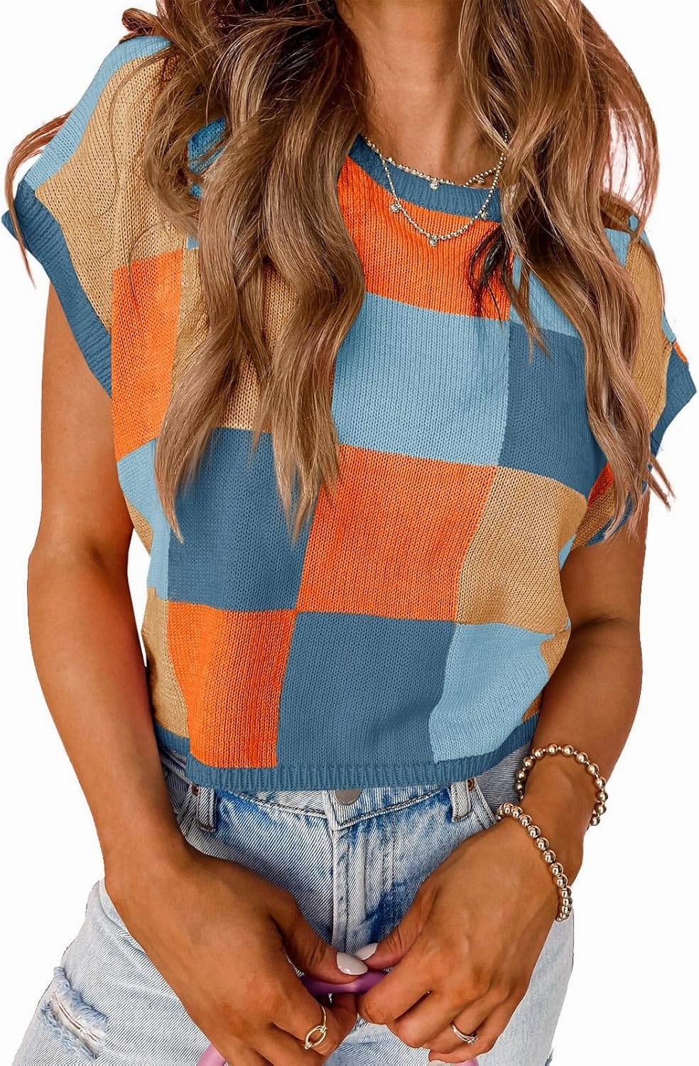 Saodimallsu Womens Cap Sleeve Crop Tops Summer Color Block Going Out Crew Neck Knit Trendy Casual Sweater