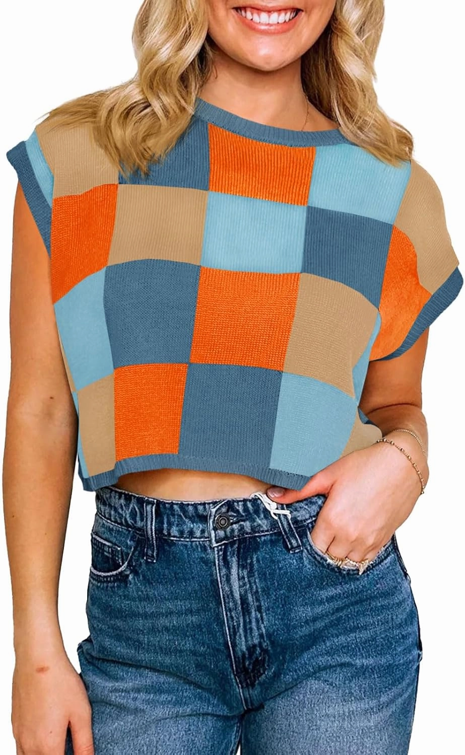 Saodimallsu Womens Cap Sleeve Crop Tops Summer Color Block Going Out Crew Neck Knit Trendy Casual Sweater
