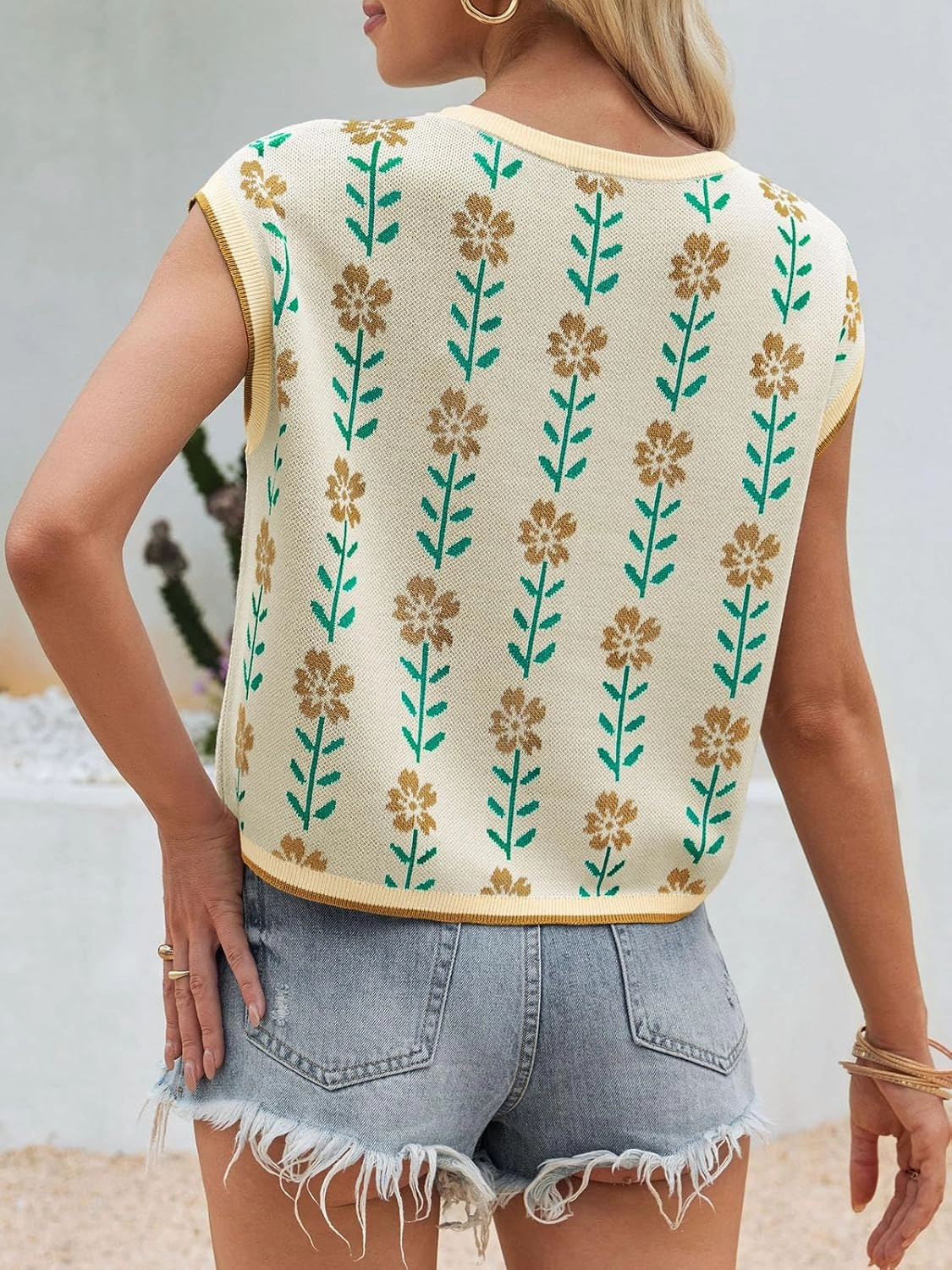Saodimallsu Womens Cap Sleeve Crop Tops Summer Color Block Going Out Crew Neck Knit Trendy Casual Sweater