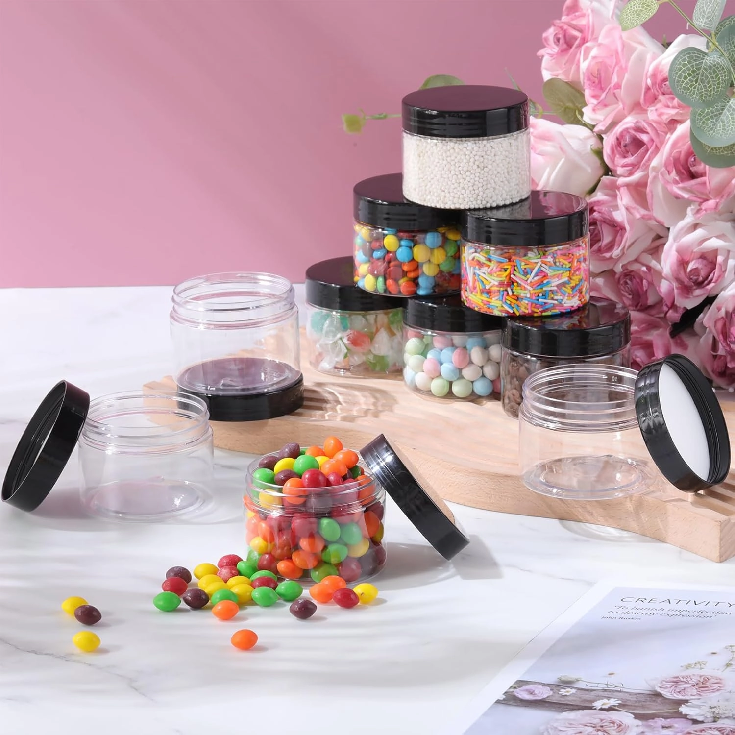 SATINIOR 36 Pieces Plastic Jars with Lids Round Leak Proof Airtight Container Cosmetic Small Empty Jars for Lotions Ointments Travel Toiletries Creams Make up Storage(4 oz,Black)