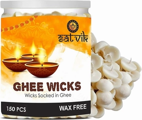 SATVIK Pack of 150 Pure Ghee Wicks for Puja | Ready-to-Use Diya Batti | 30-Min Burn Time | Wax-Free Cotton Wicks | Ideal for Pooja, Meditation, Diwali, and Housewarming Gifts