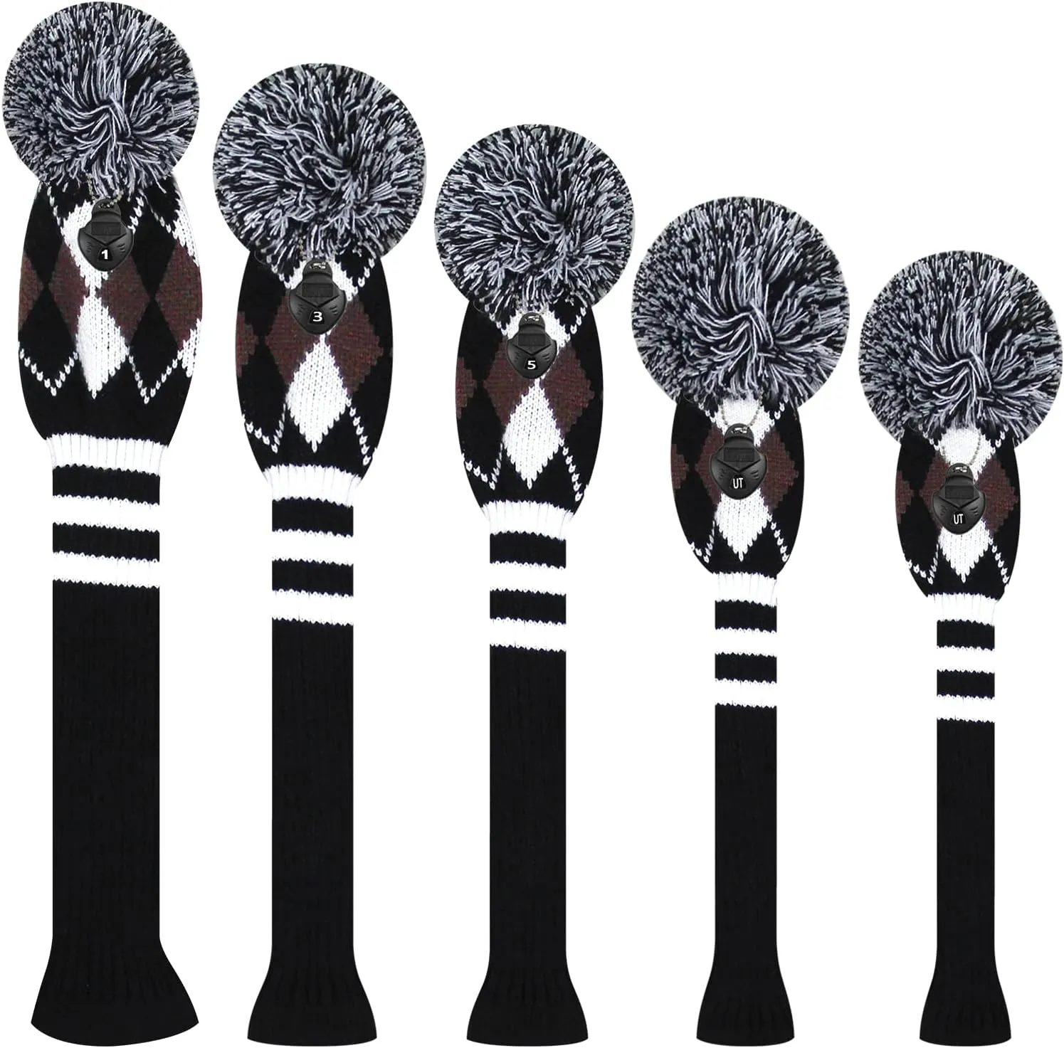 Scott Edward Knit Golf Club Cover with a Pom Set of 5 Head Covers Protect Driver Wood(460cc) 1 Fairway Wood2 and Hybrid/UT2 with Rotating Club Number Tags