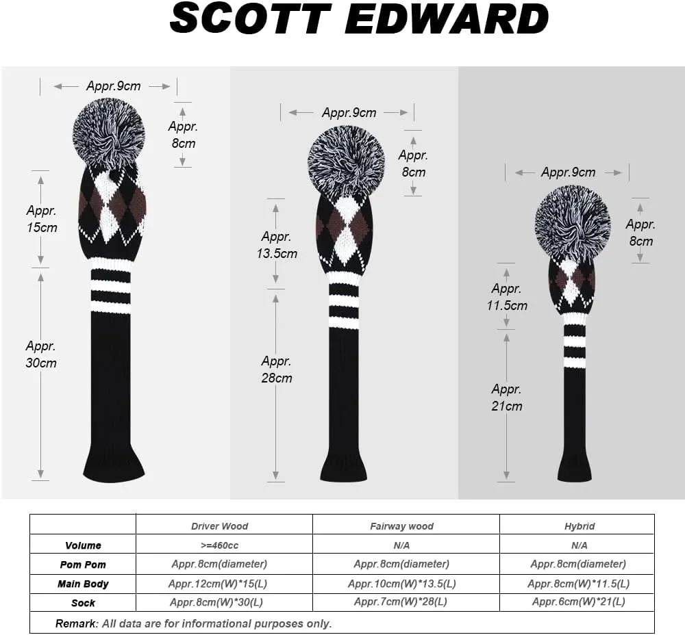Scott Edward Knit Golf Club Cover with a Pom Set of 5 Head Covers Protect Driver Wood(460cc) 1 Fairway Wood2 and Hybrid/UT2 with Rotating Club Number Tags