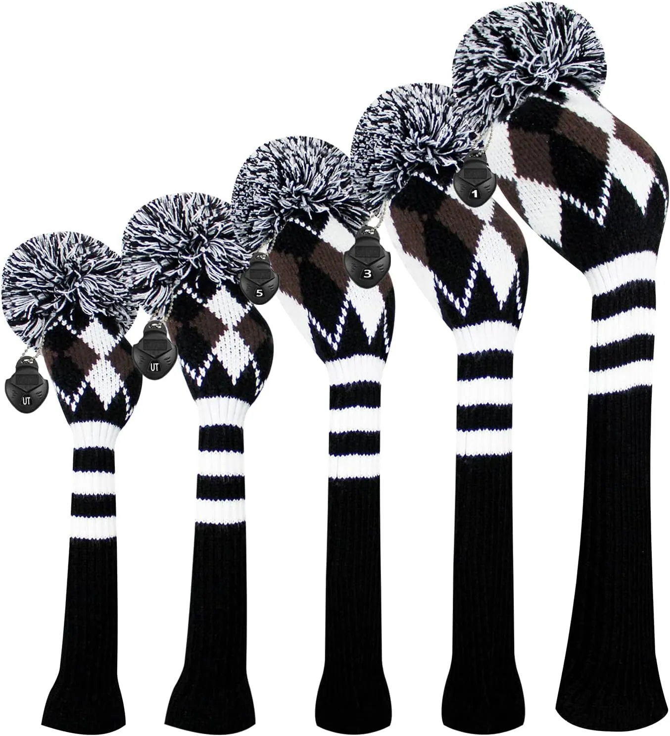 Scott Edward Knit Golf Club Cover with a Pom Set of 5 Head Covers Protect Driver Wood(460cc) 1 Fairway Wood2 and Hybrid/UT2 with Rotating Club Number Tags
