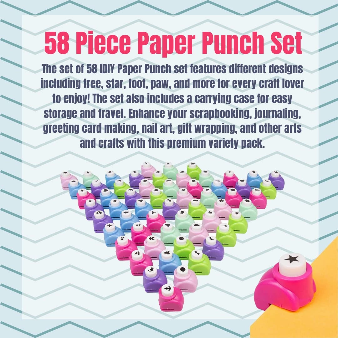 Scrapbook Paper Punch - 58pc Mini Paper Hole Punchers w Case - All Different Crafting Shape Designs -Hole Punch for Greeting Cards, Scrapbooking, Arts & Crafts, School Projects for Kids & Adults, Gift