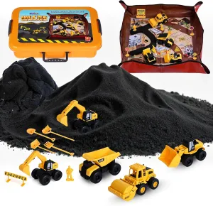 Sensory Play Construction Sand Kit, 2lbs Sensory Sand, Interactive Mat for Mess-Free Play, 22 Piece 5 Trucks 7 Signs 4 Work Figures 6 Tools, Sandbox Toys for Boy Girl Kid Toddlers Age 3 