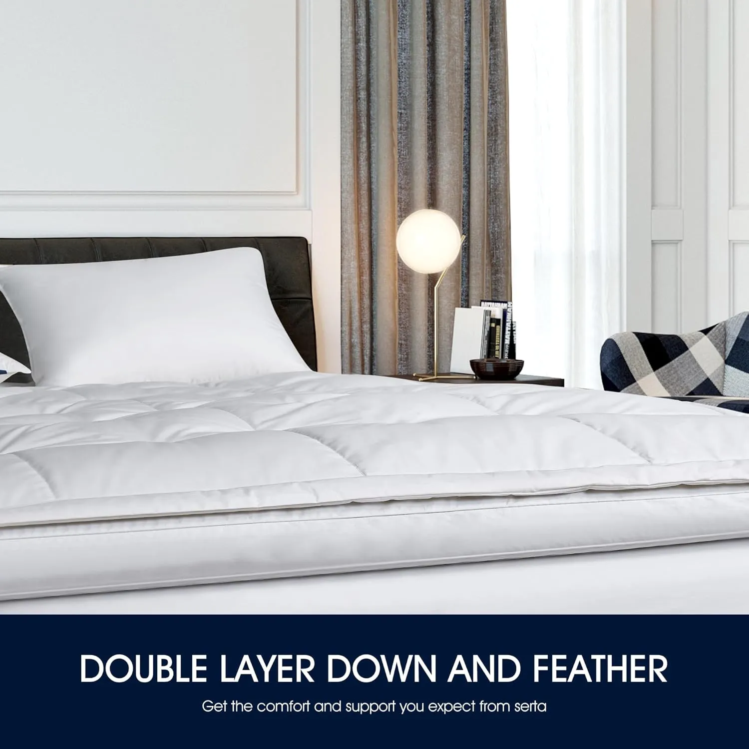 Serta Feather and Down Fiber Pillow Top Mattress Topper King Size - 233 Thread Count 100% Cotton Mattress Pad Ultra Soft 2-Inch Support Feather Bed-White