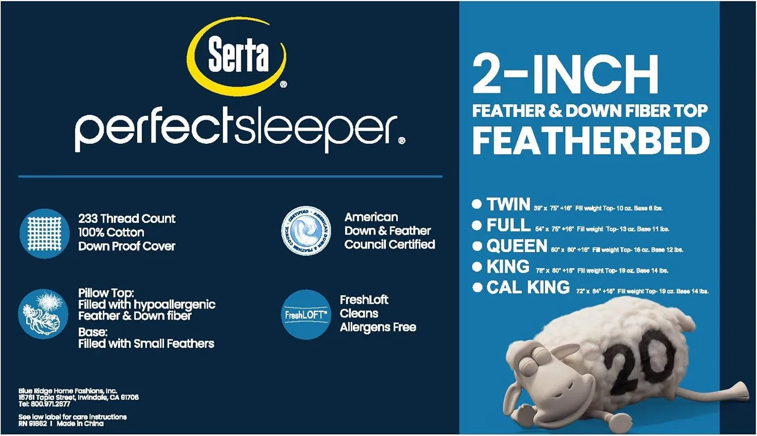 Serta Feather and Down Fiber Pillow Top Mattress Topper King Size - 233 Thread Count 100% Cotton Mattress Pad Ultra Soft 2-Inch Support Feather Bed-White