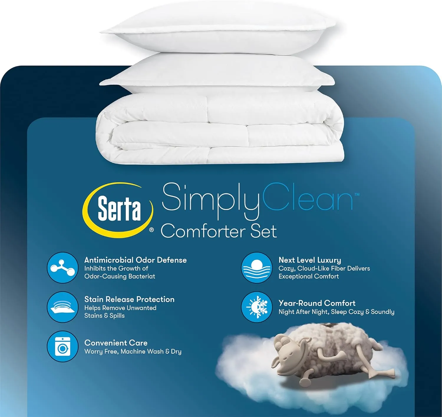 SERTA Simply Clean Ultra Soft Hypoallergenic Solid 2 Piece Comforter Set, Twin XL, White