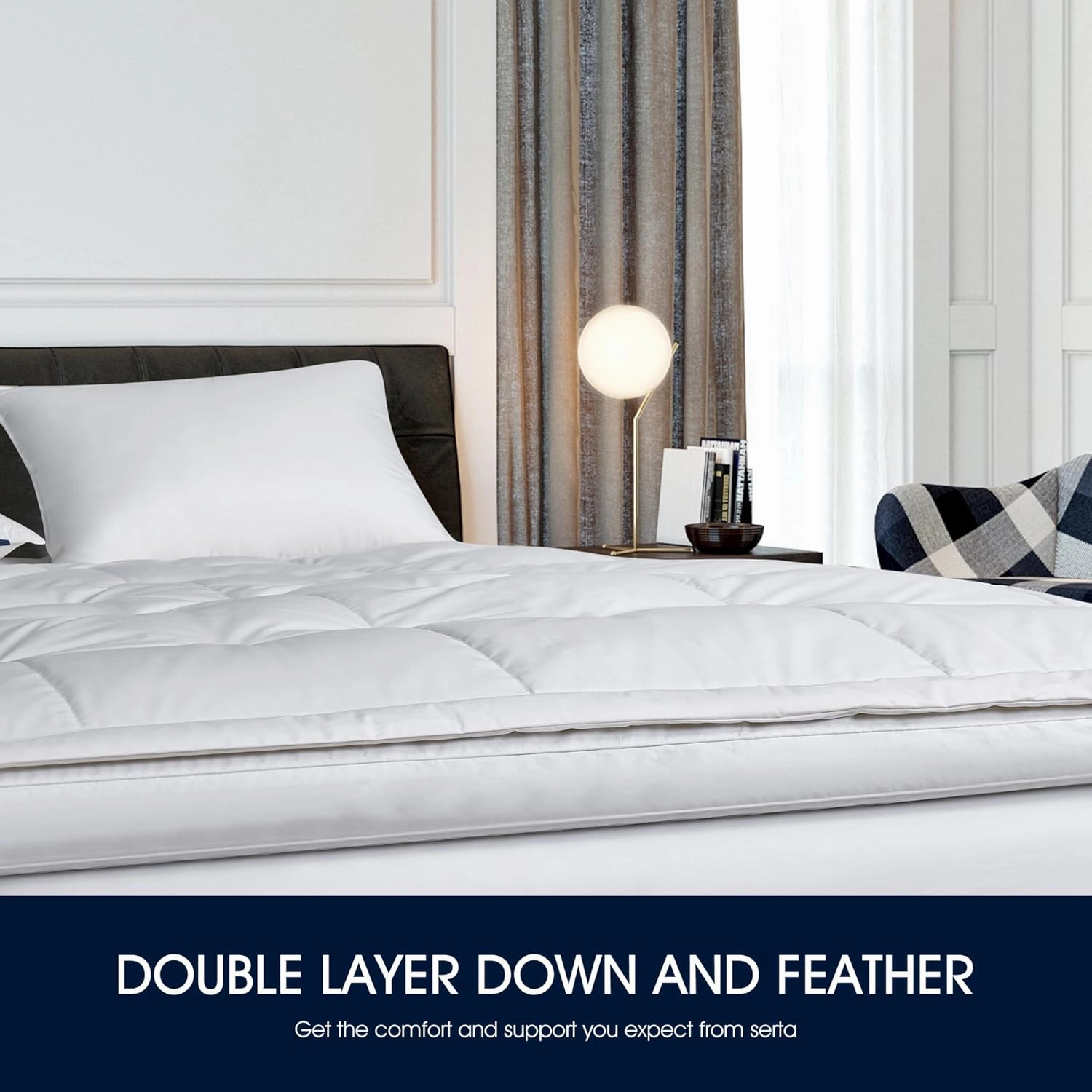 Serta Feather and Down Fiber Pillow Top Mattress Topper Queen Size - 233 Thread Count 100% Cotton Mattress Pad Ultra Soft 2-Inch Support Feather Bed-White