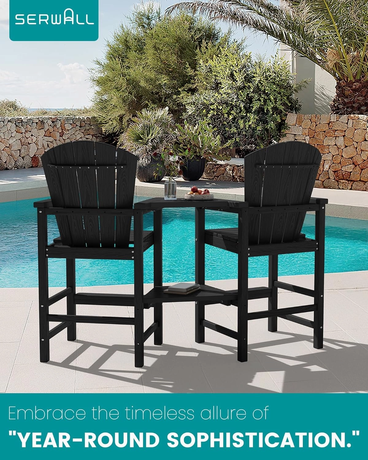 SERWALL Tall Adirondack Chairs Set of 4 with Double Layer Connecting Tray, HDPE Bar Height Outdoor Chairs, Wood-Like Adirondack Bar Stools for Patio, Balcony, Porch, Black