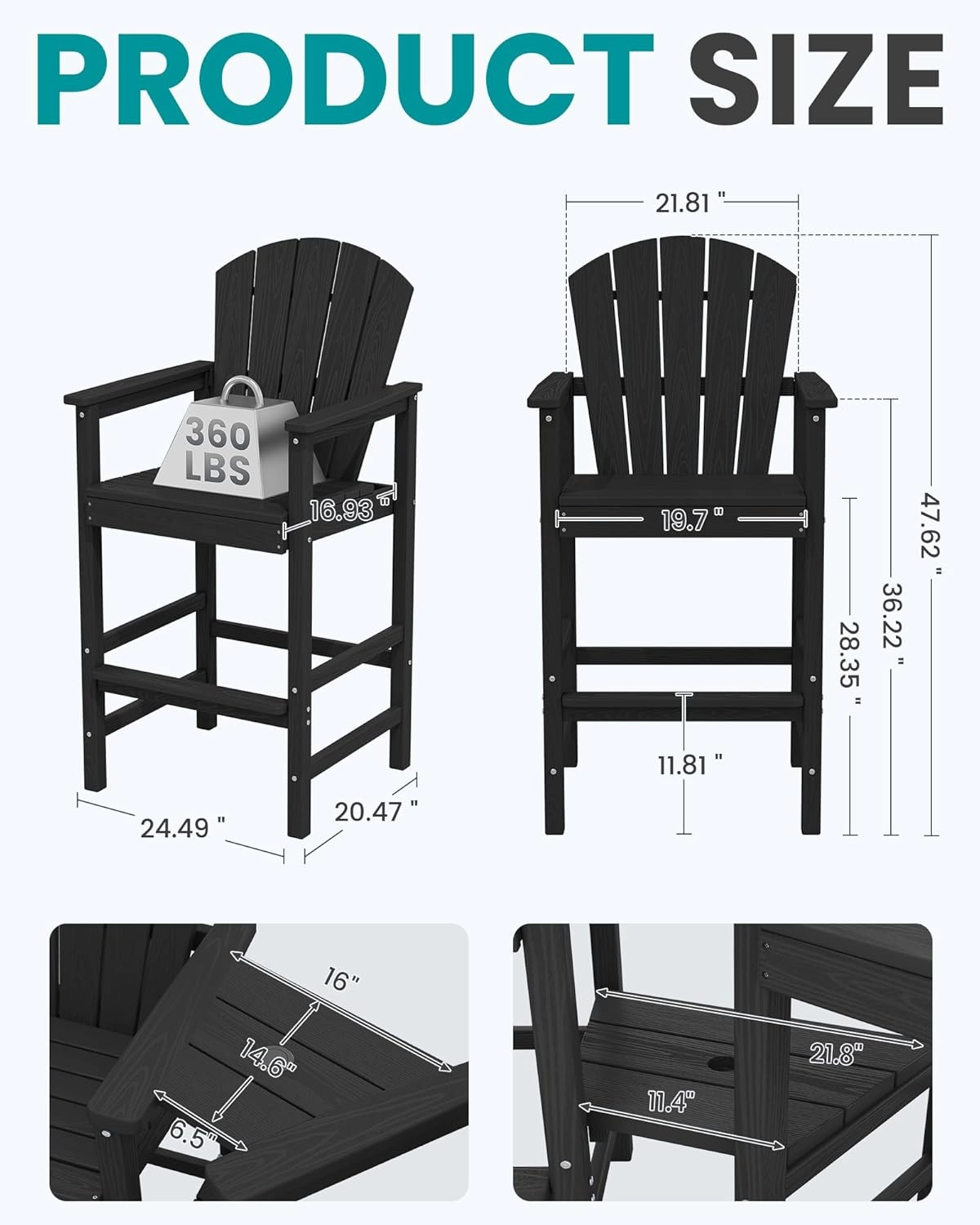 SERWALL Tall Adirondack Chairs Set of 4 with Double Layer Connecting Tray, HDPE Bar Height Outdoor Chairs, Wood-Like Adirondack Bar Stools for Patio, Balcony, Porch, Black