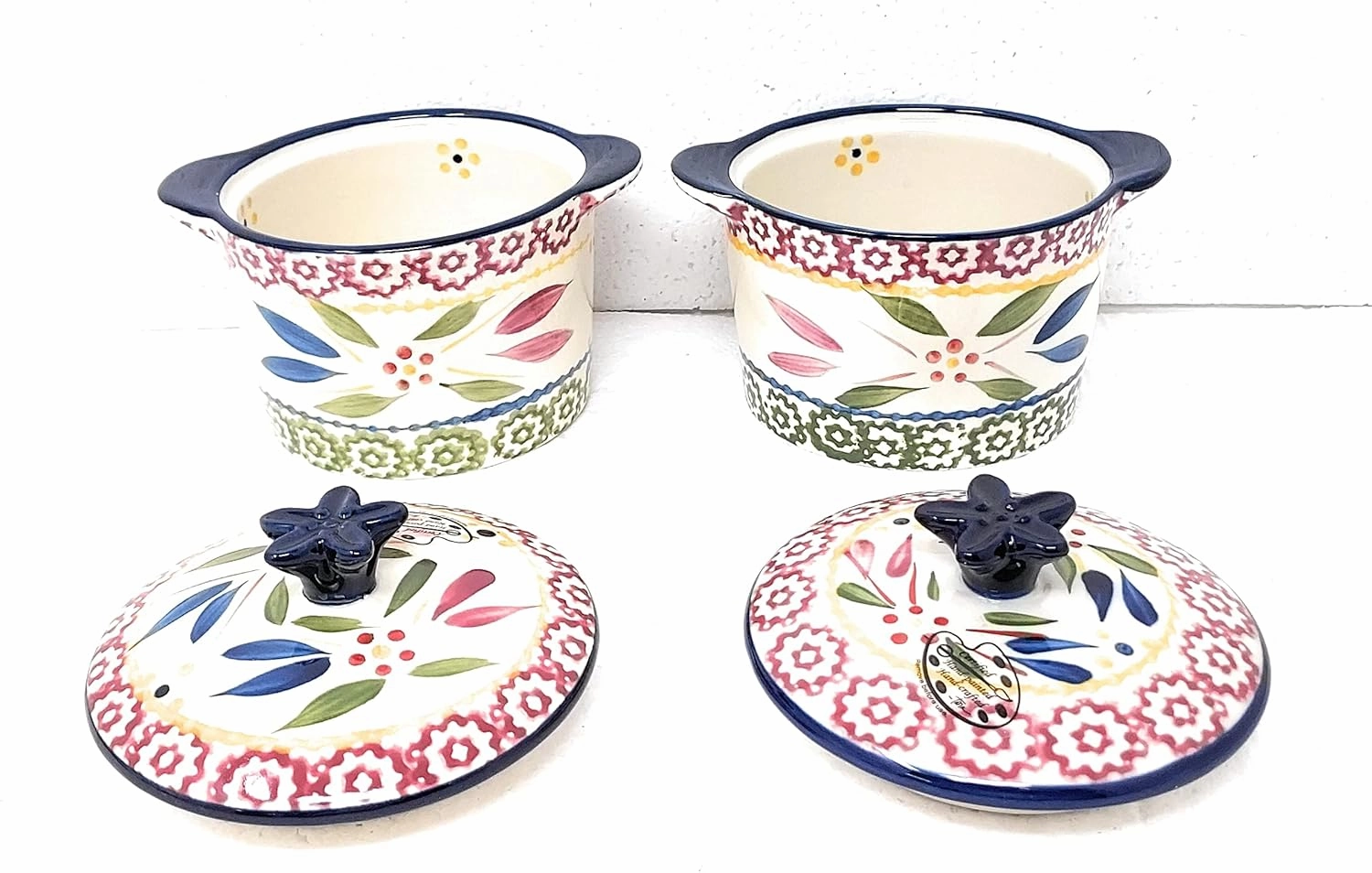 Set-of-2 8oz Ramekins w/Stoneware Lid, Single Serving Crock, Muffin, Cupcake, Mini Bean Pot (Old World Confetti)