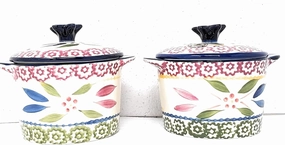 Set-of-2 8oz Ramekins w/Stoneware Lid, Single Serving Crock, Muffin, Cupcake, Mini Bean Pot (Old World Confetti)