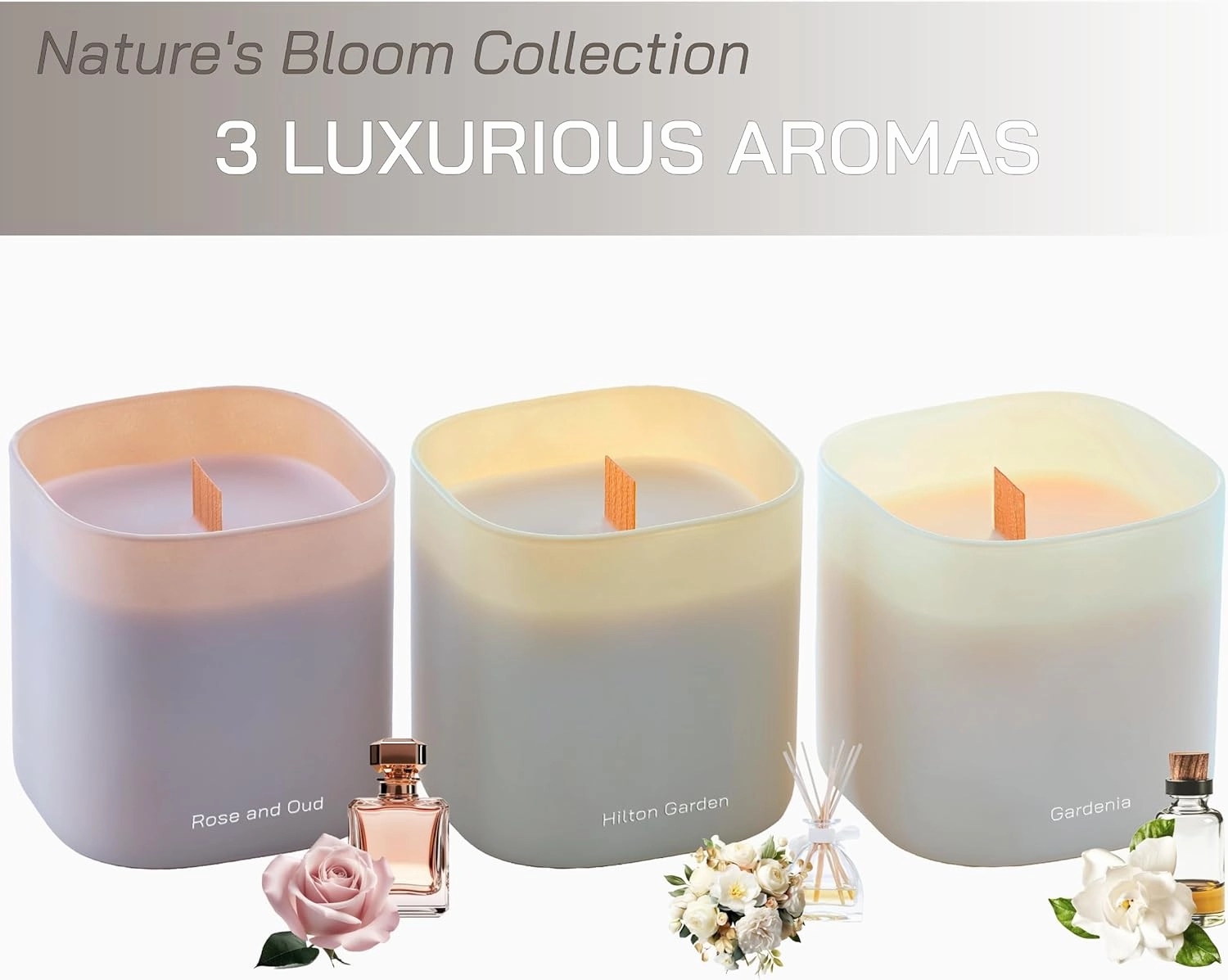 Set of 3 Scented Soy Candles Gift Set | Nature's Bloom Collection | 3 Scented Candles - Gardenia, Hilton Garden, and Rose & Oud | Crackling Wood Wick | Clean Burn | 50 HR Burn Time, 9.8oz Each
