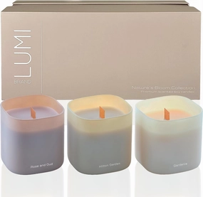 Set of 3 Scented Soy Candles Gift Set | Nature's Bloom Collection | 3 Scented Candles - Gardenia, Hilton Garden, and Rose & Oud | Crackling Wood Wick | Clean Burn | 50 HR Burn Time, 9.8oz Each