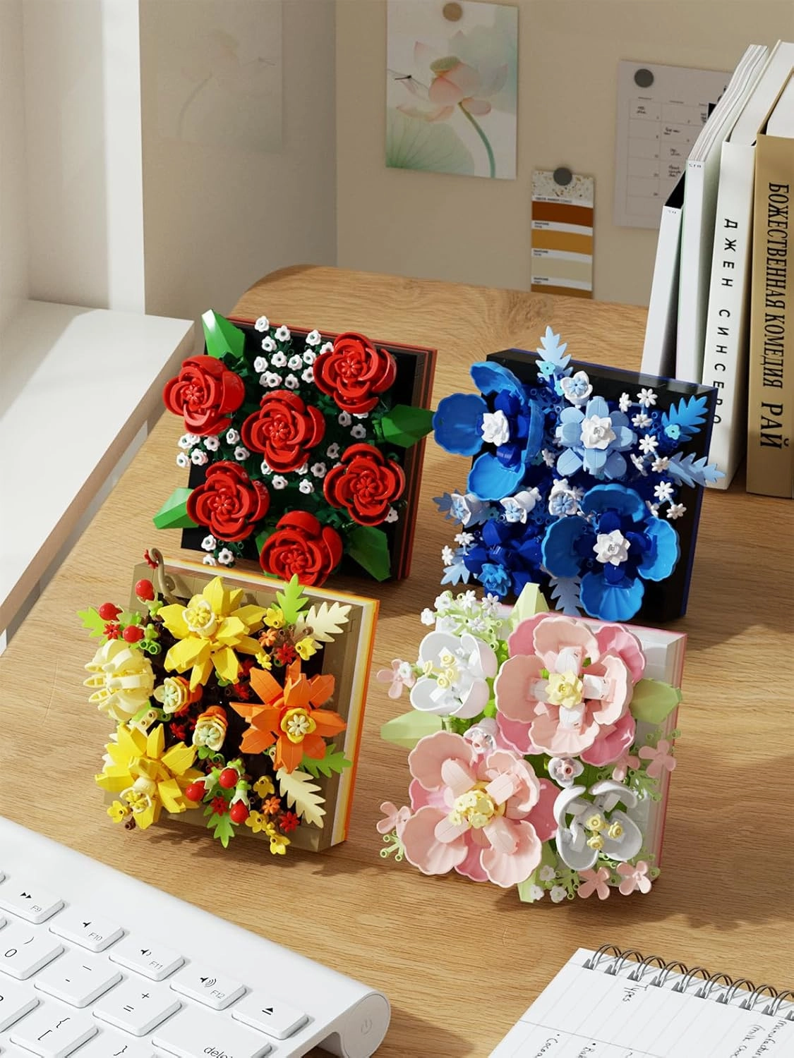 Set of 4 Mini Flower DIY Plant Building Blocks for Kids and Adults, Collection Decor Toy Picture Frame Botanical Collection Art Home Office Decor
