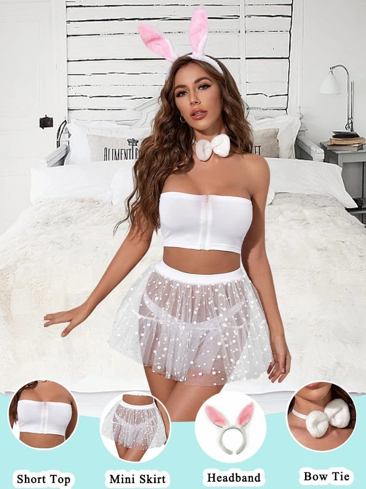 Sexy Bunny Costumes for Women White Maid Lingerie Women's Exotic Lingerie Sets 4pcs Playboy Bunny Costume for Valentine's Day